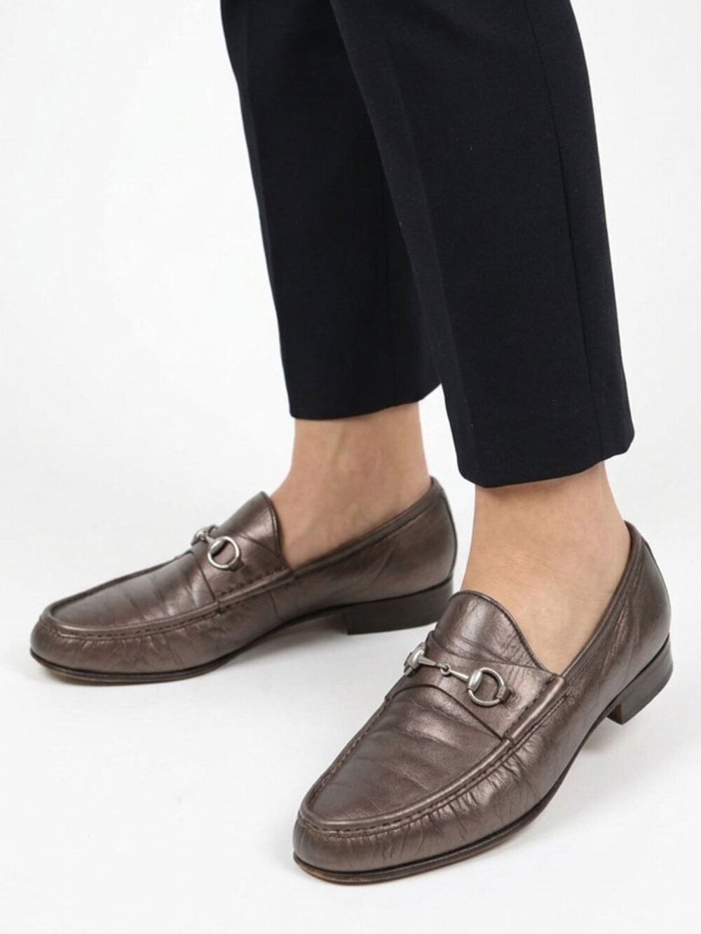 Vintage Gucci Horsebit Loafers Metallic Bronze Leather Shoes Made in Italy 39.5